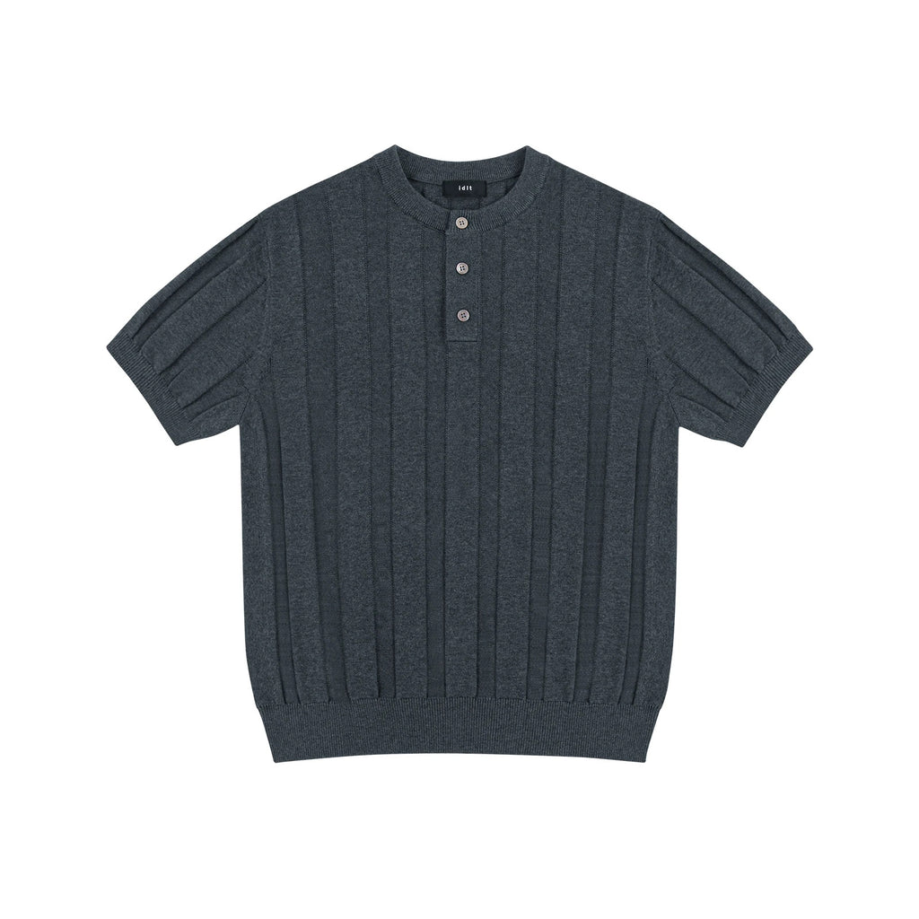 IDLT knit short sleeve henley, dark gray front.