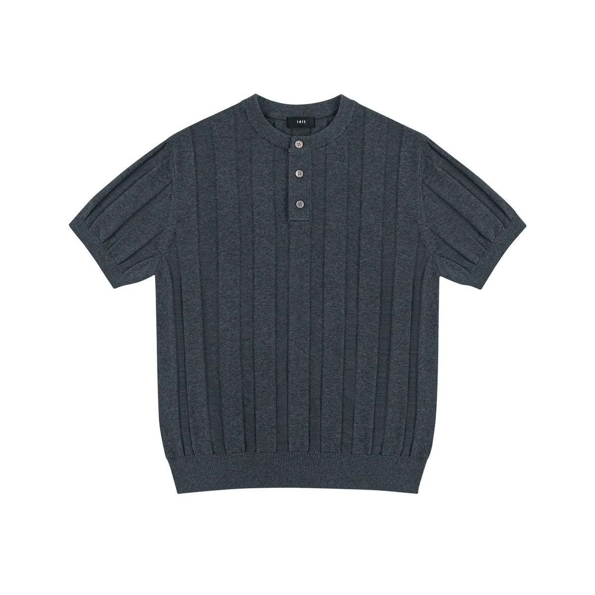 IDLT knit short sleeve henley, dark gray front.