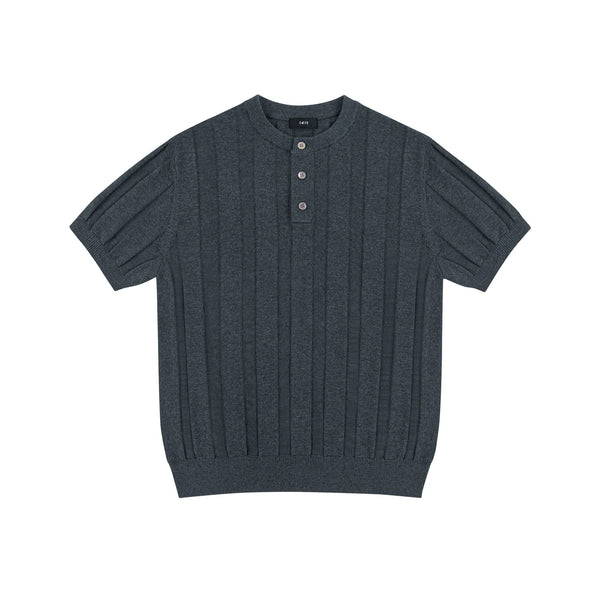 IDLT knit short sleeve henley, dark gray front.