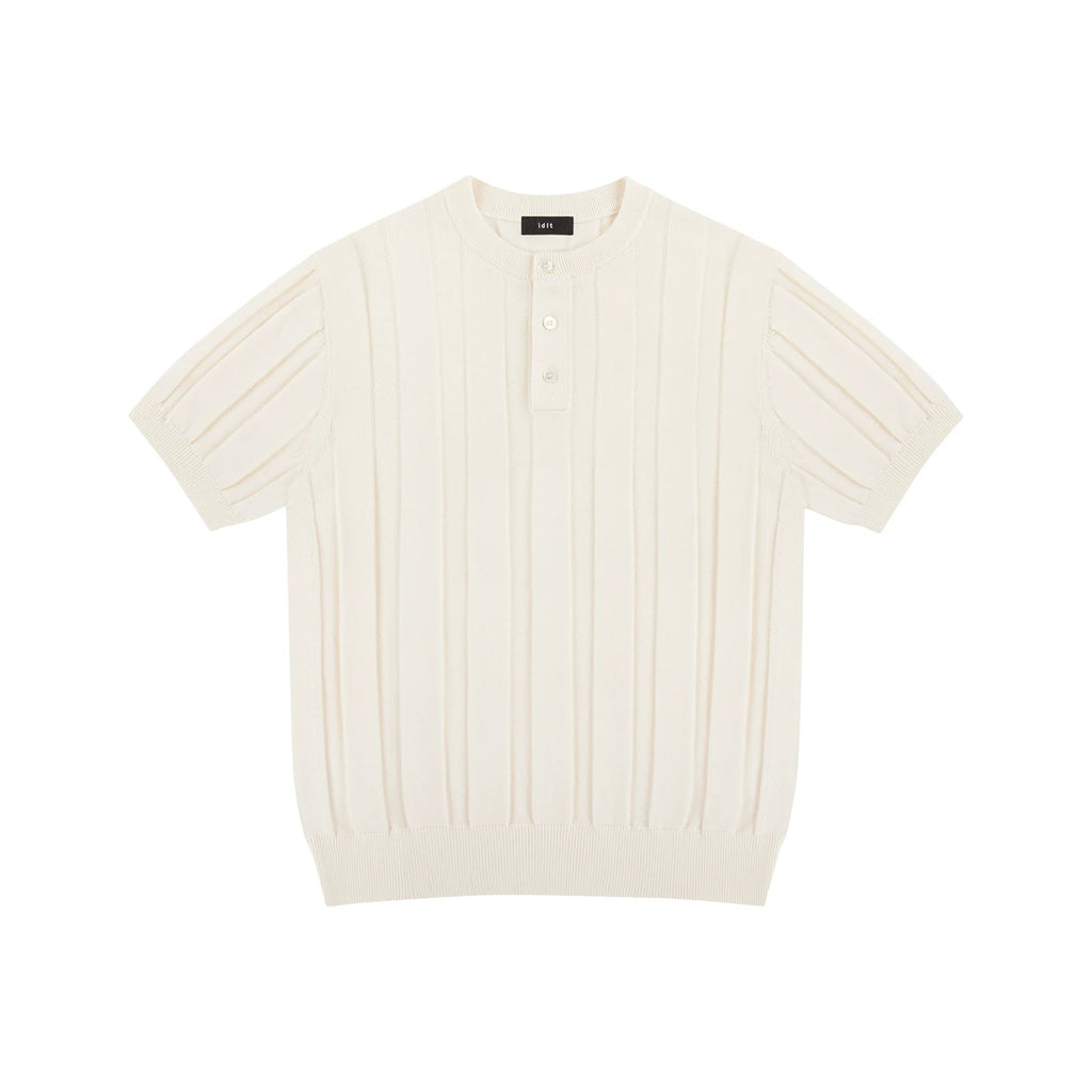 IDLT knit short sleeve henley, cream front.