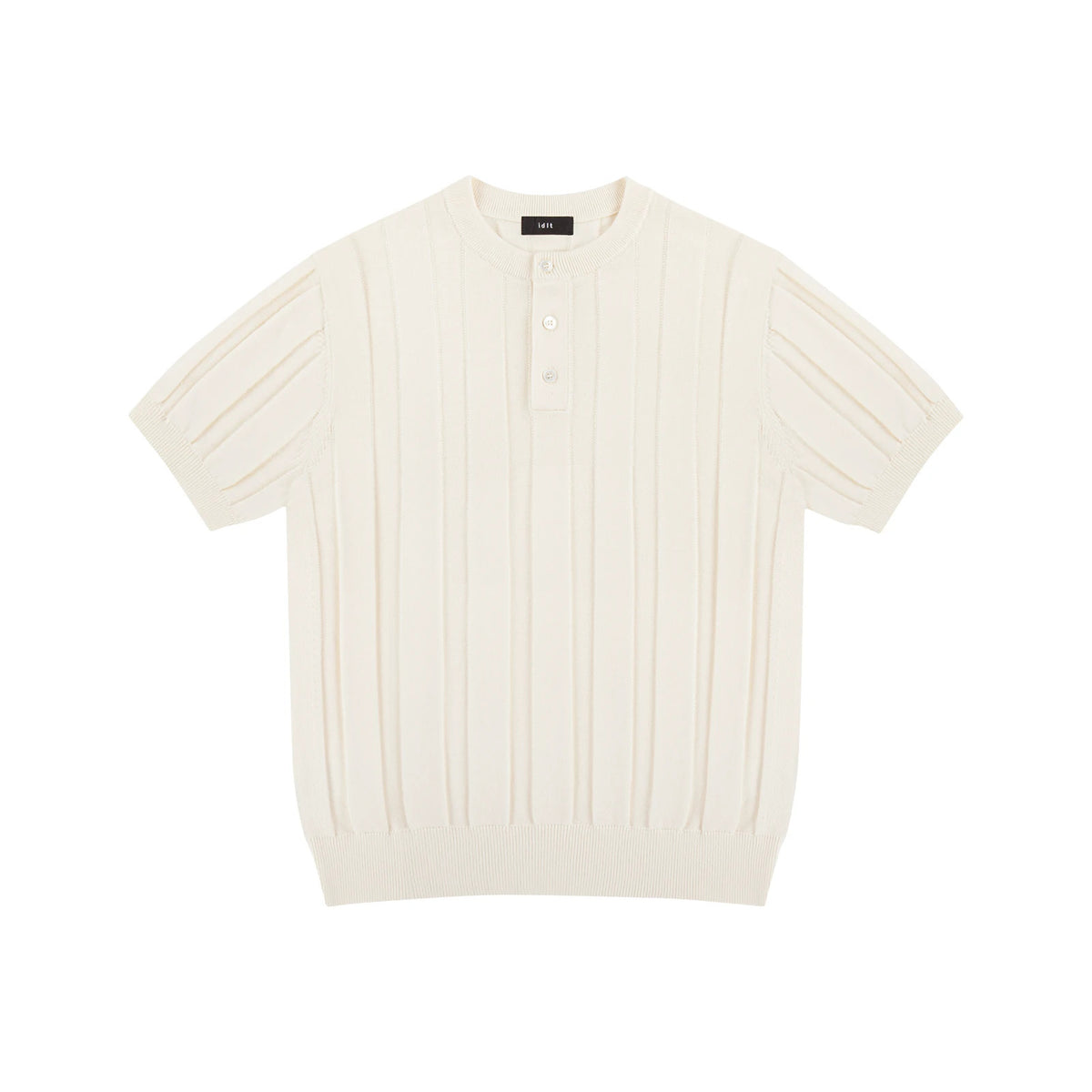 IDLT knit short sleeve henley, cream front.