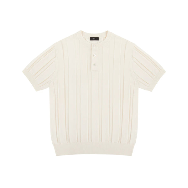 IDLT knit short sleeve henley, cream front.