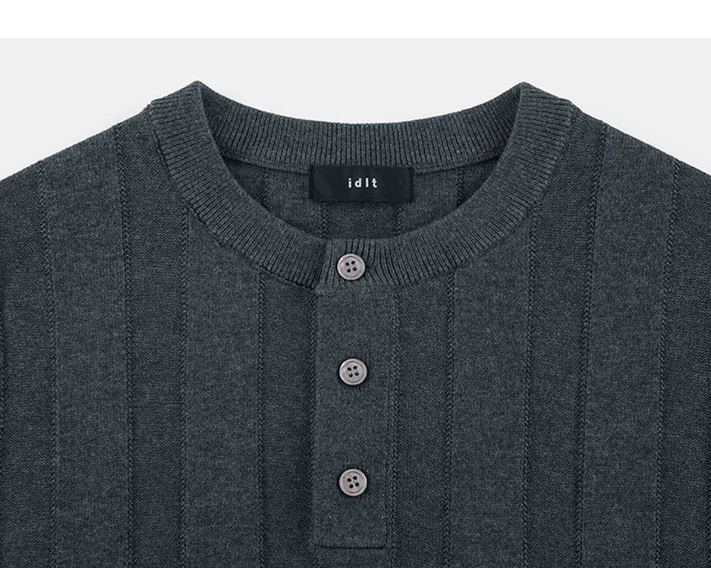 IDLT knit short sleeve henley, dark gray neckline.