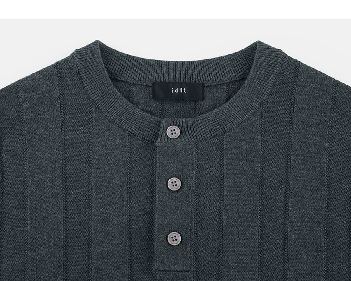 IDLT knit short sleeve henley, dark gray neckline.