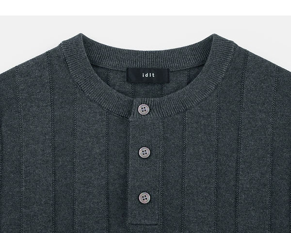 IDLT knit short sleeve henley, dark gray neckline.