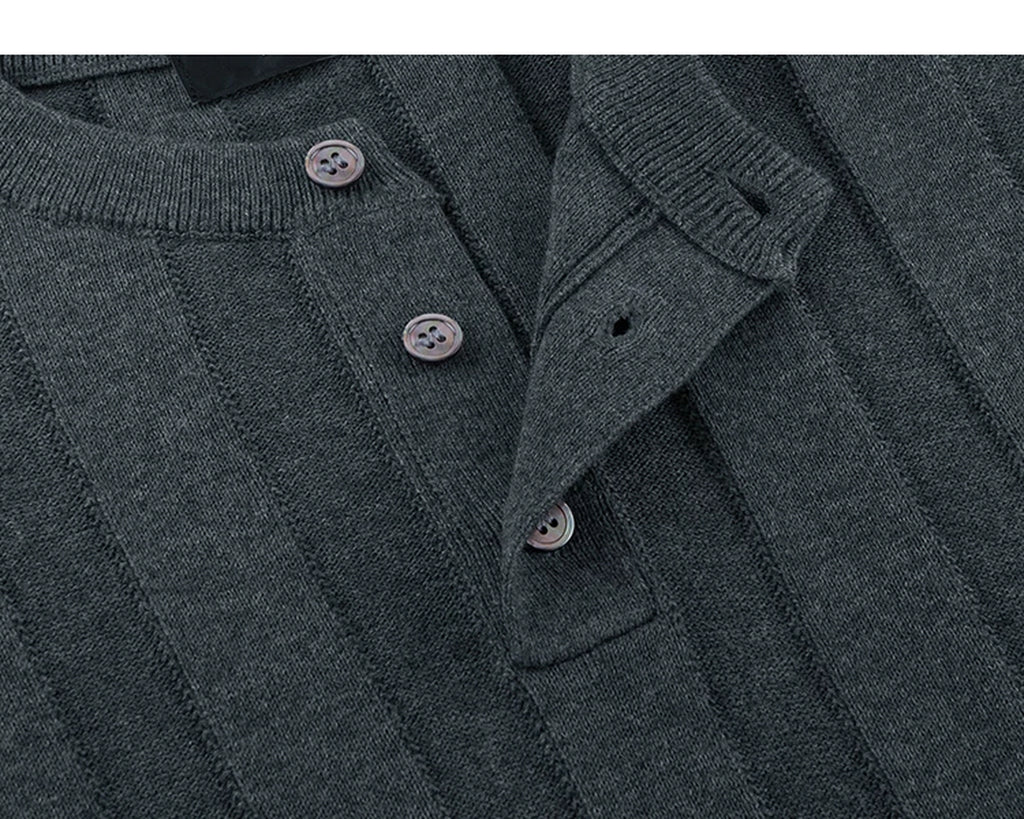IDLT knit short sleeve henley, dark gray open placket.