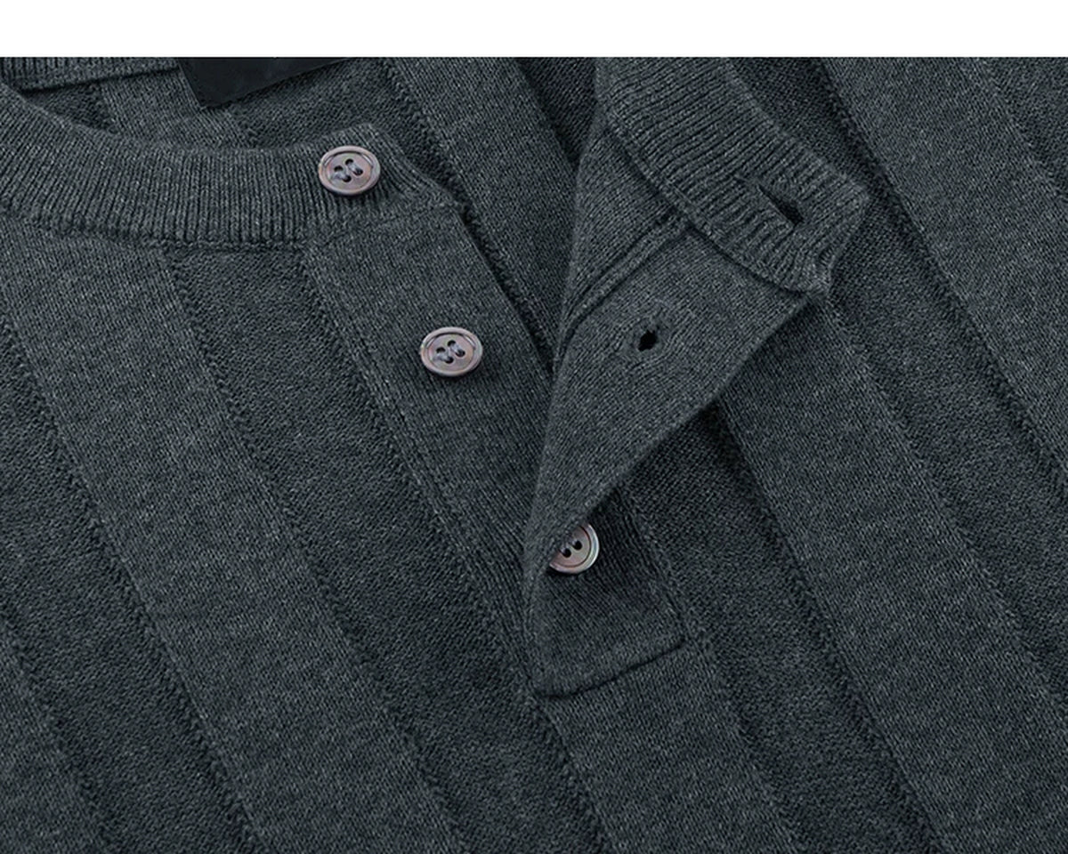 IDLT knit short sleeve henley, dark gray open placket.