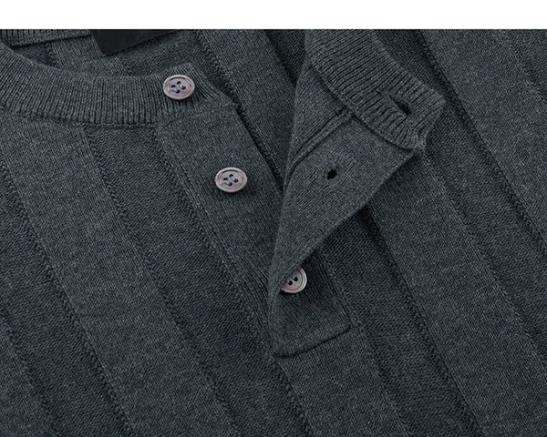 IDLT knit short sleeve henley, dark gray open placket.