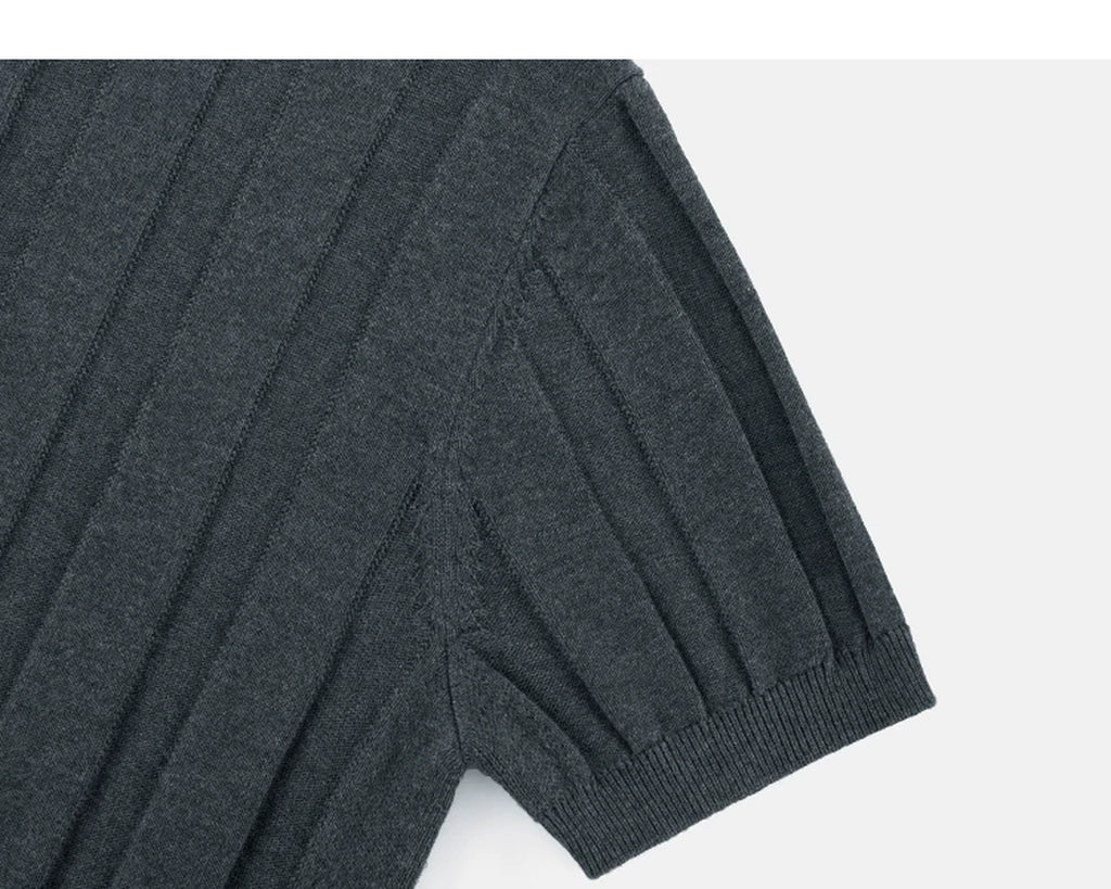 IDLT knit short sleeve henley, dark gray sleeve.