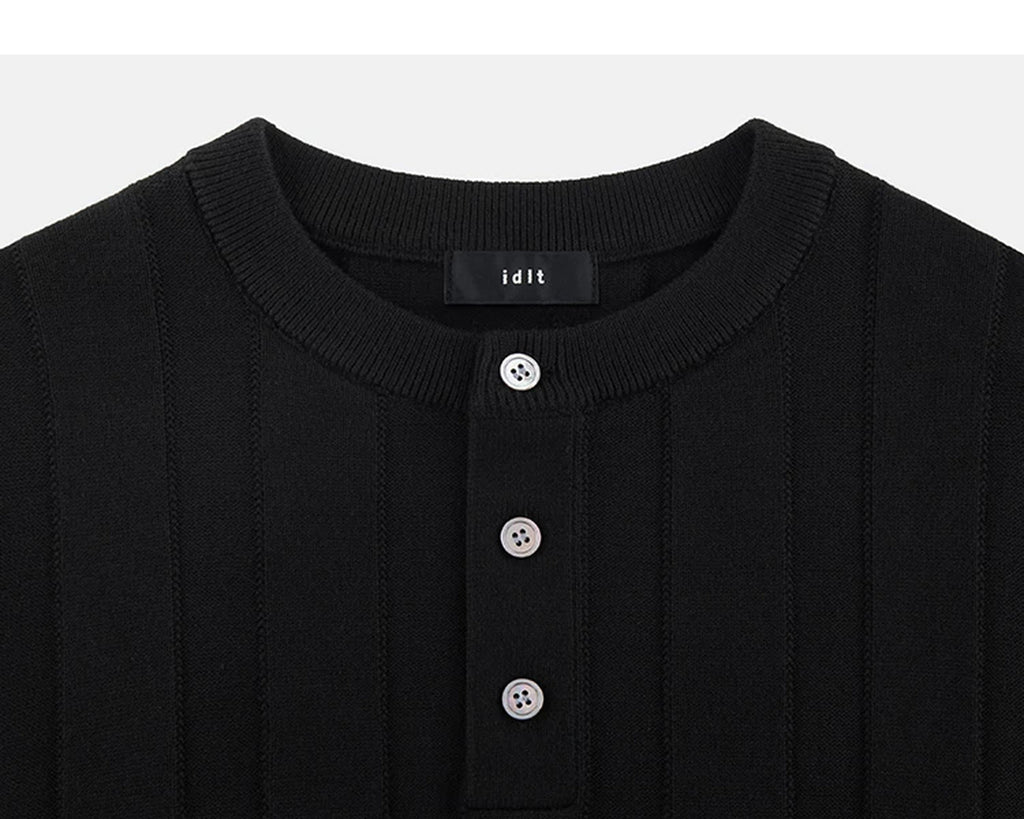 IDLT knit short sleeve henley, black neckline.