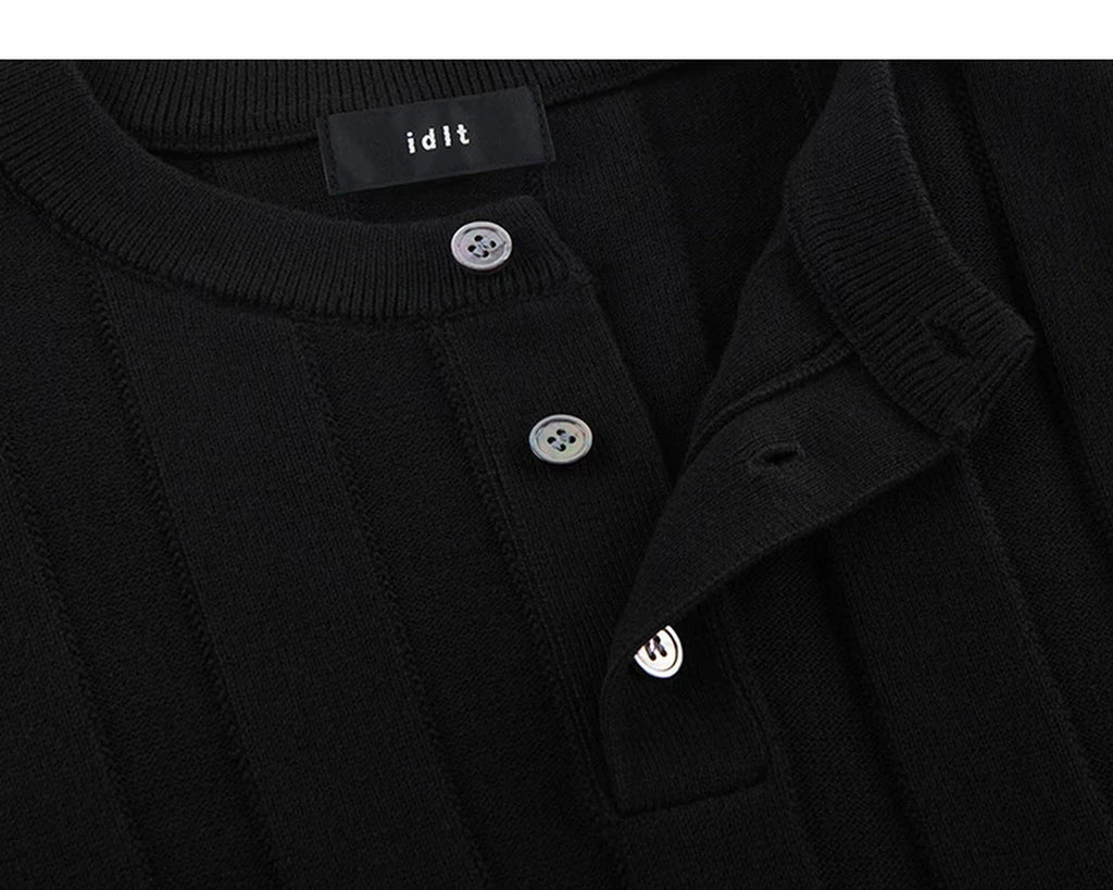 IDLT knit short sleeve henley, black open placket.