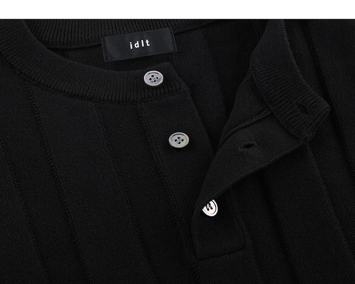 IDLT knit short sleeve henley, black open placket.
