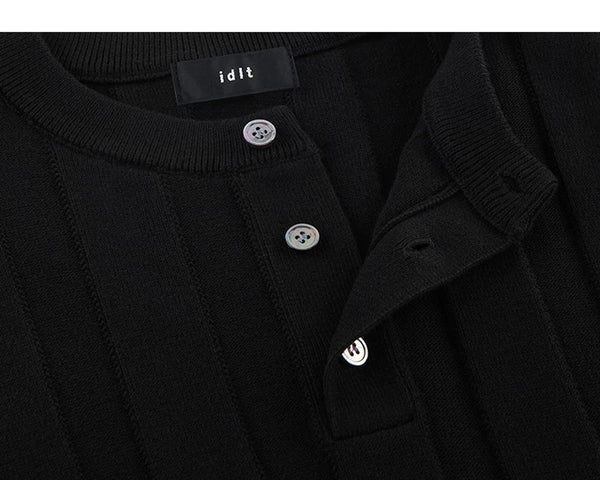 IDLT knit short sleeve henley, black open placket.