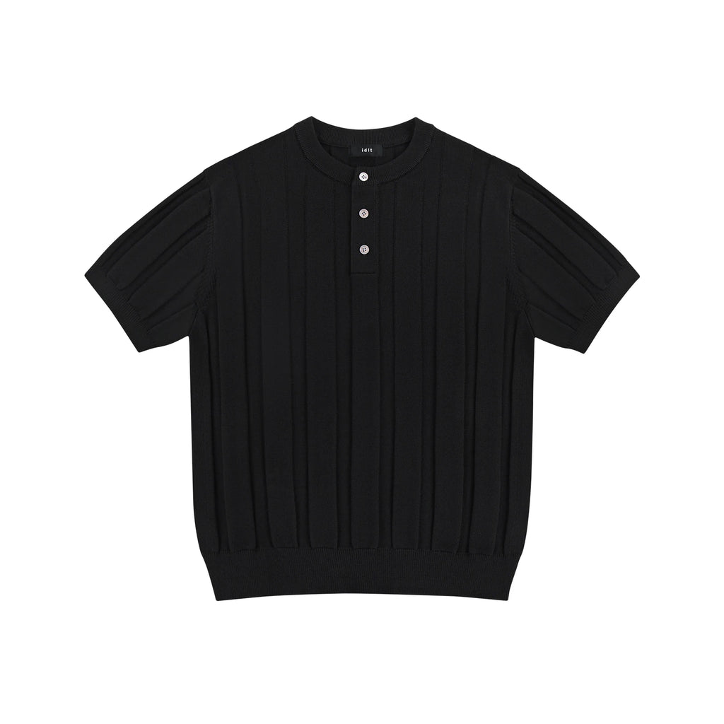 Ribbed Short-Sleeve Henley, black front view.