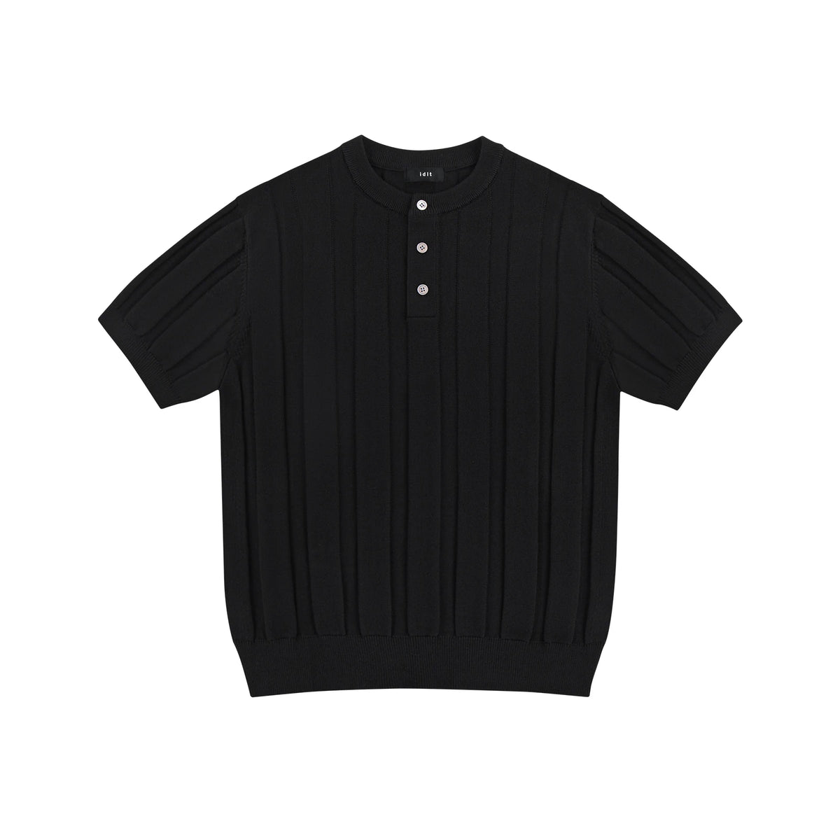 Ribbed Short-Sleeve Henley, black front view.