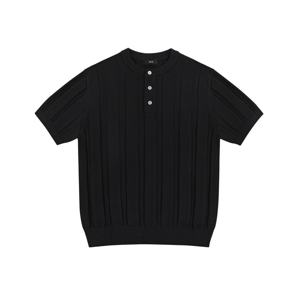 Ribbed Short-Sleeve Henley, black front view.