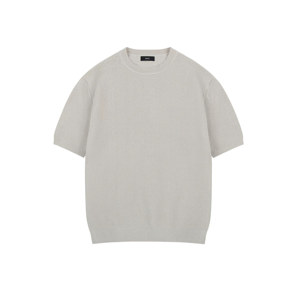 IDLT textured short sleeve sweater, cream front.