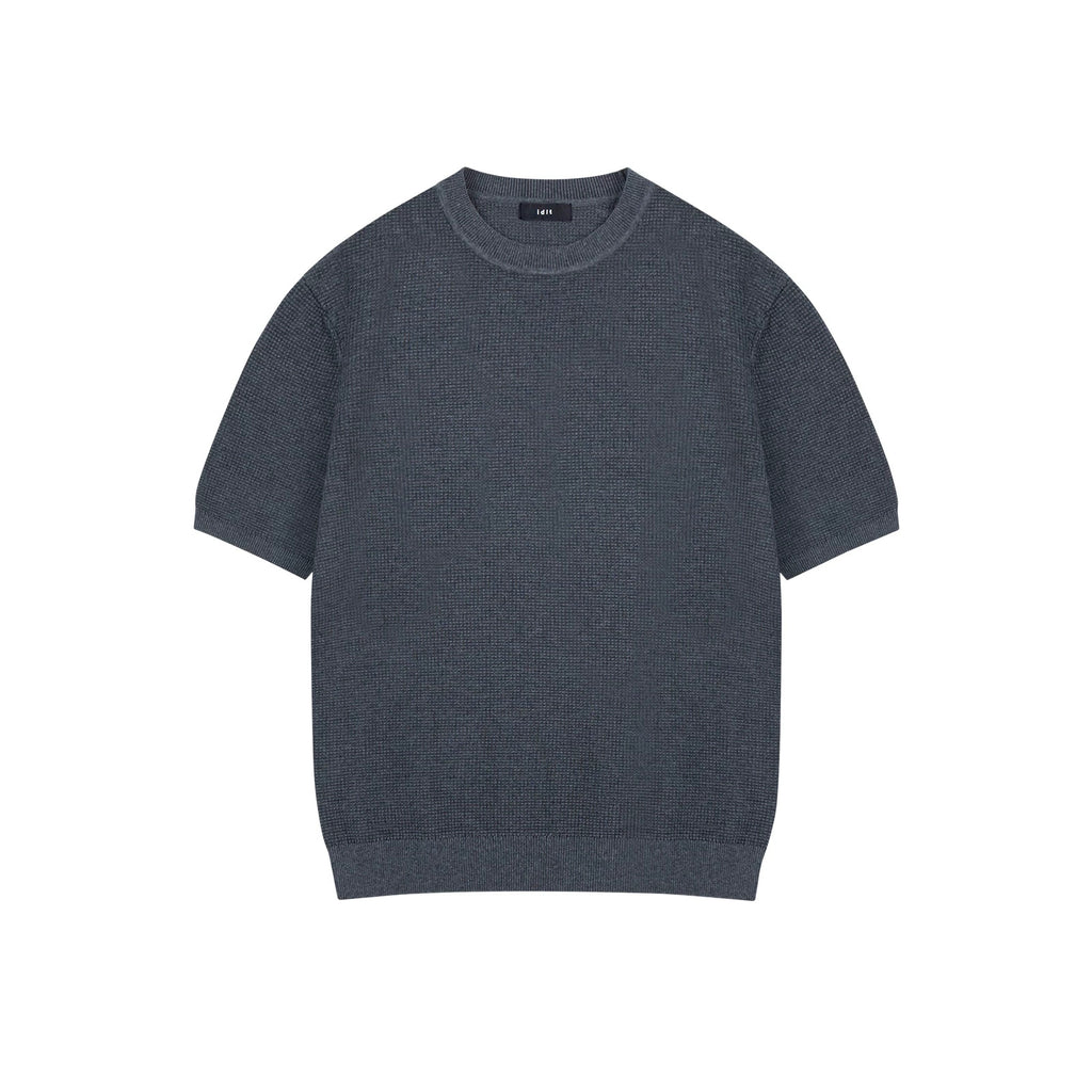 IDLT textured short sleeve sweater, blue gray front.