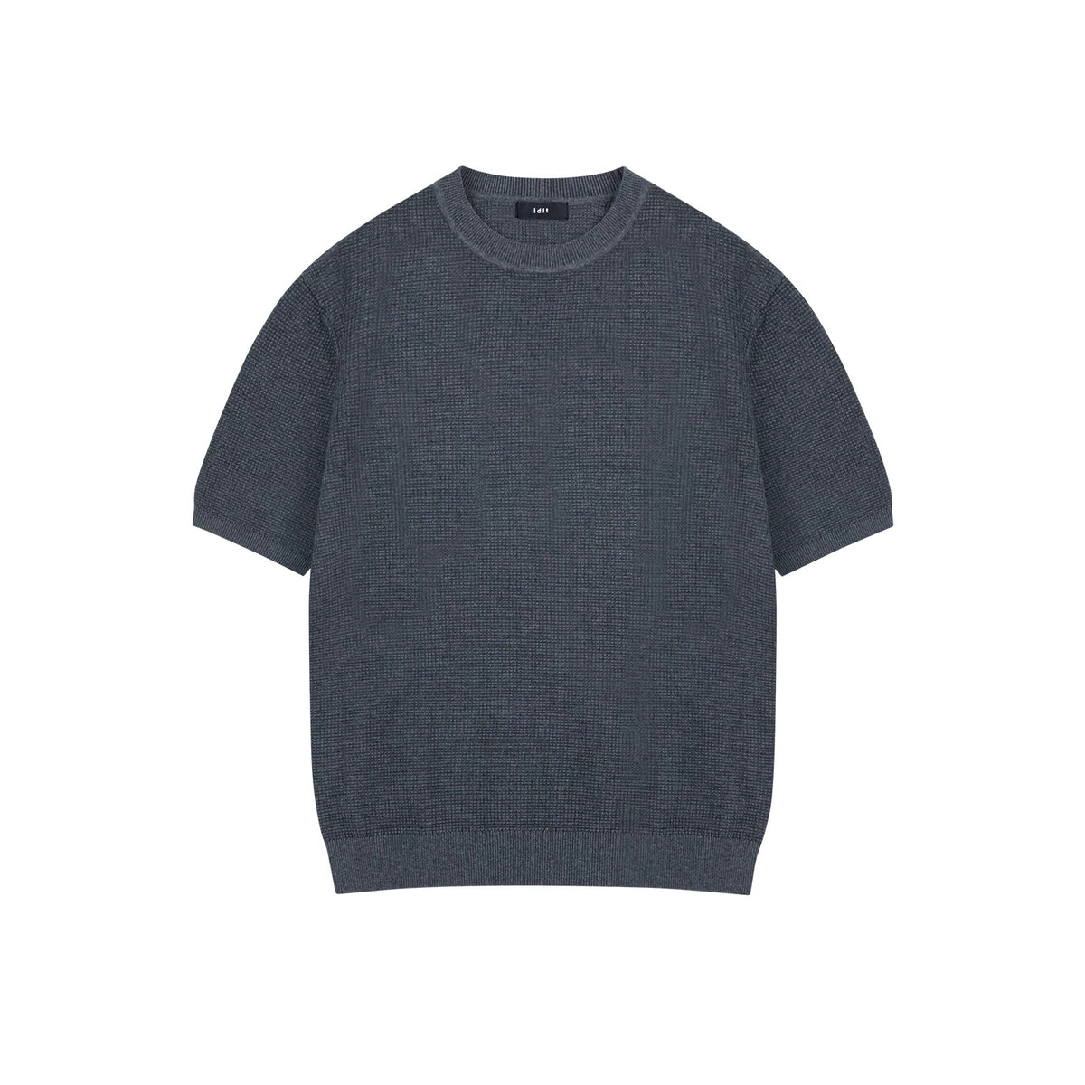 IDLT textured short sleeve sweater, blue gray front.