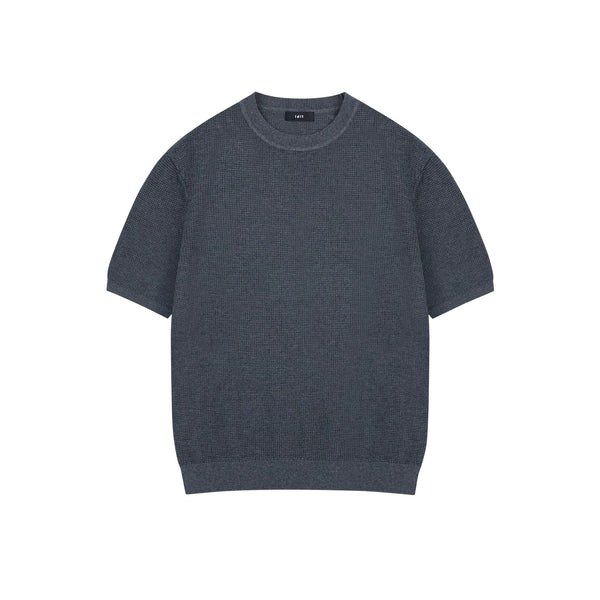 IDLT textured short sleeve sweater, blue gray front.