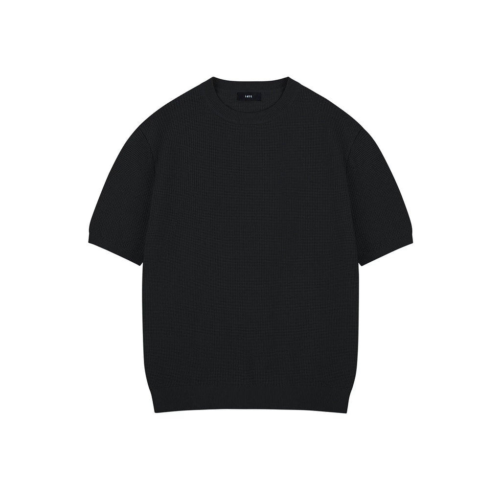 IDLT textured short sleeve sweater, black front.