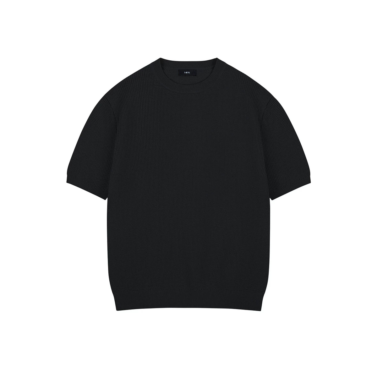 IDLT textured short sleeve sweater, black front.
