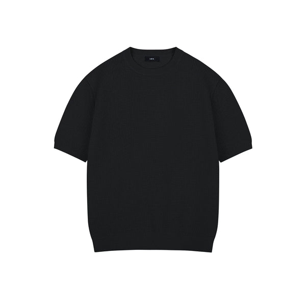 IDLT textured short sleeve sweater, black front.