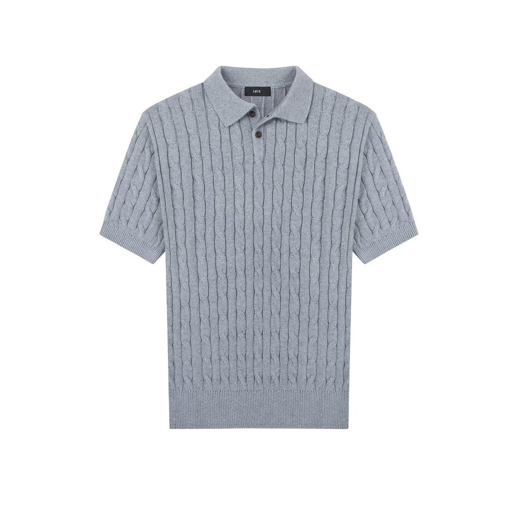 IDLT cable knit polo, gray front.