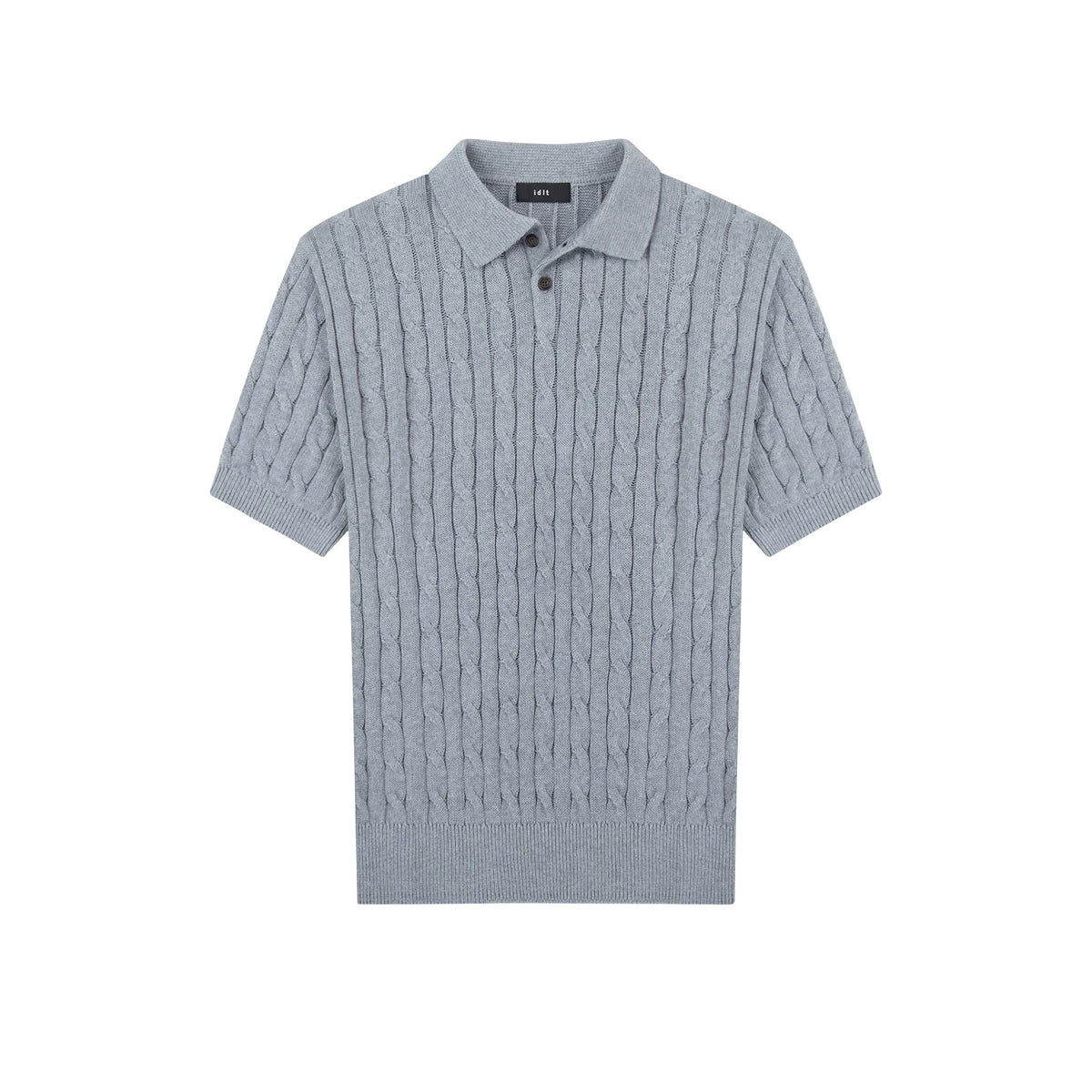 IDLT cable knit polo, gray front.