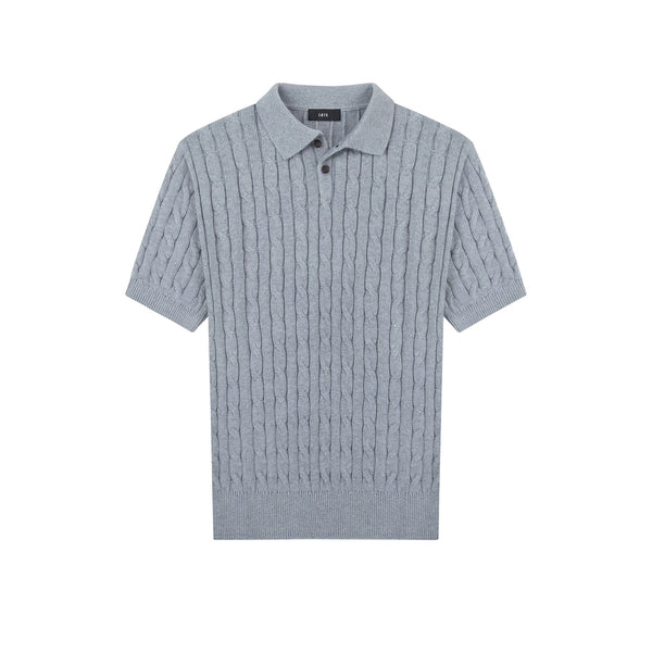 IDLT cable knit polo, gray front.