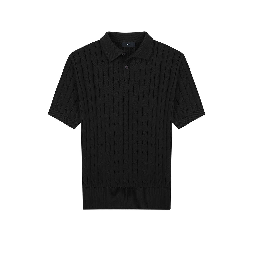 IDLT cable knit polo, black front.