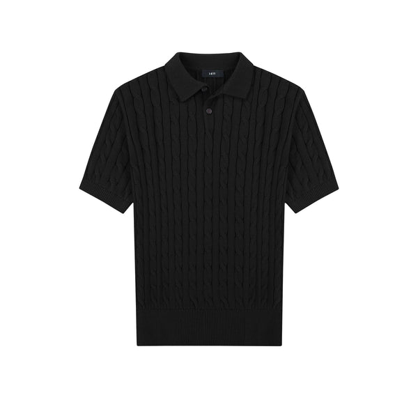 IDLT cable knit polo, black front.