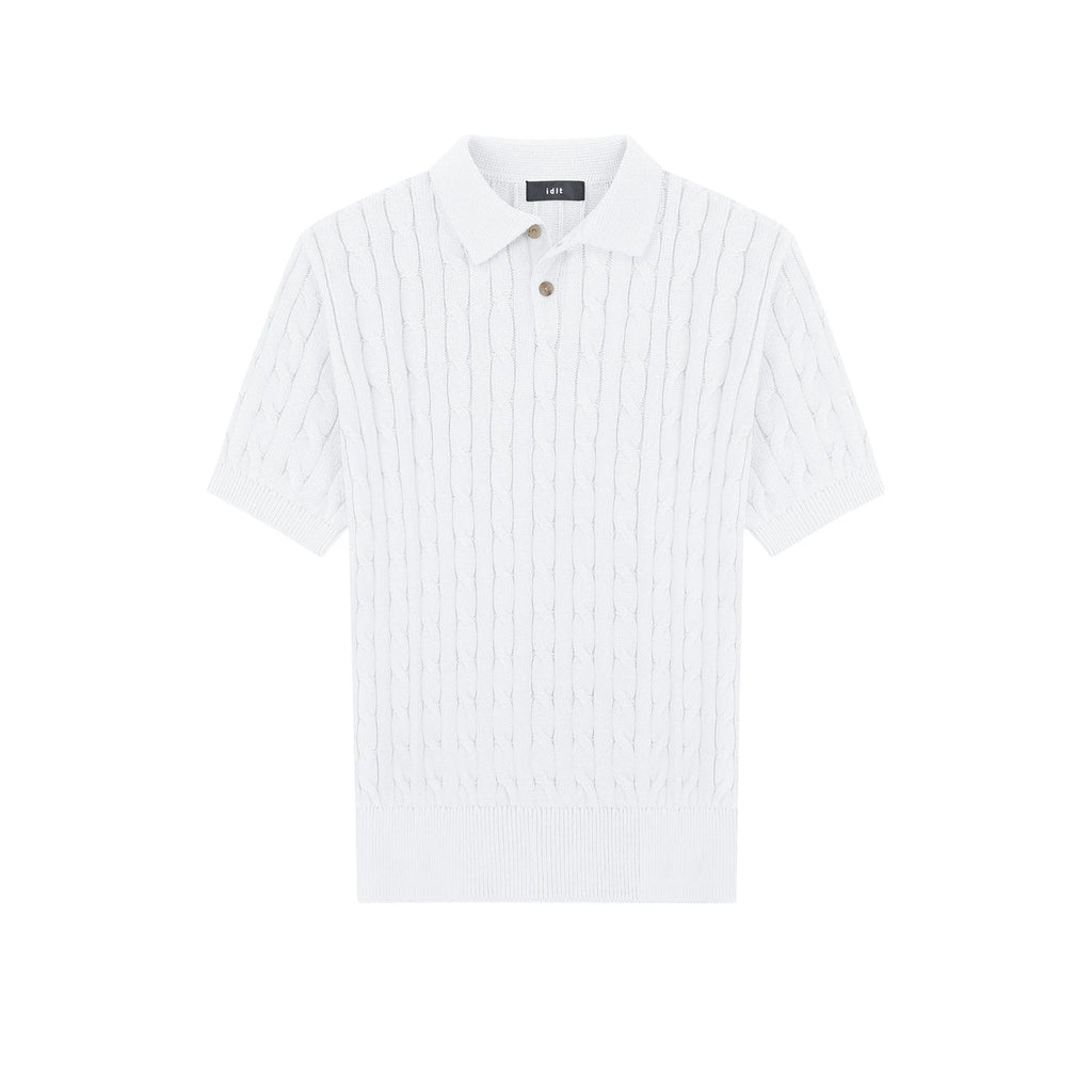 IDLT cable knit polo, white front.