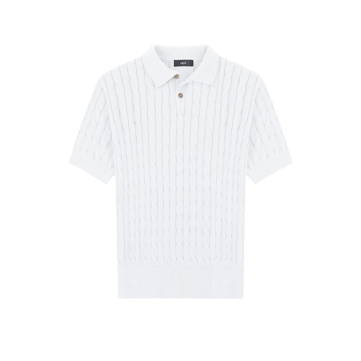 IDLT cable knit polo, white front.