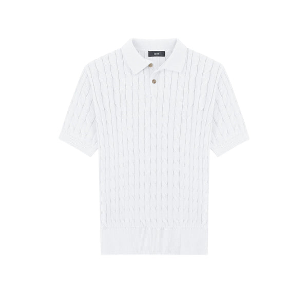 IDLT cable knit polo, white front.