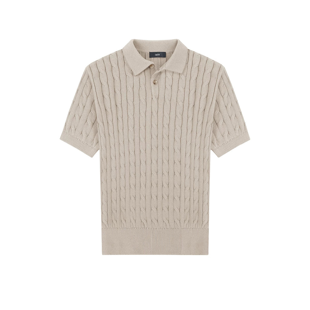 IDLT cable knit polo, beige front.