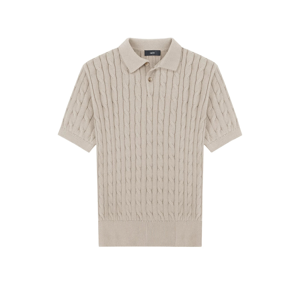 IDLT cable knit polo, beige front.