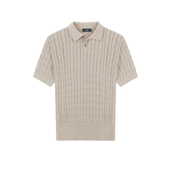 IDLT cable knit polo, beige front.