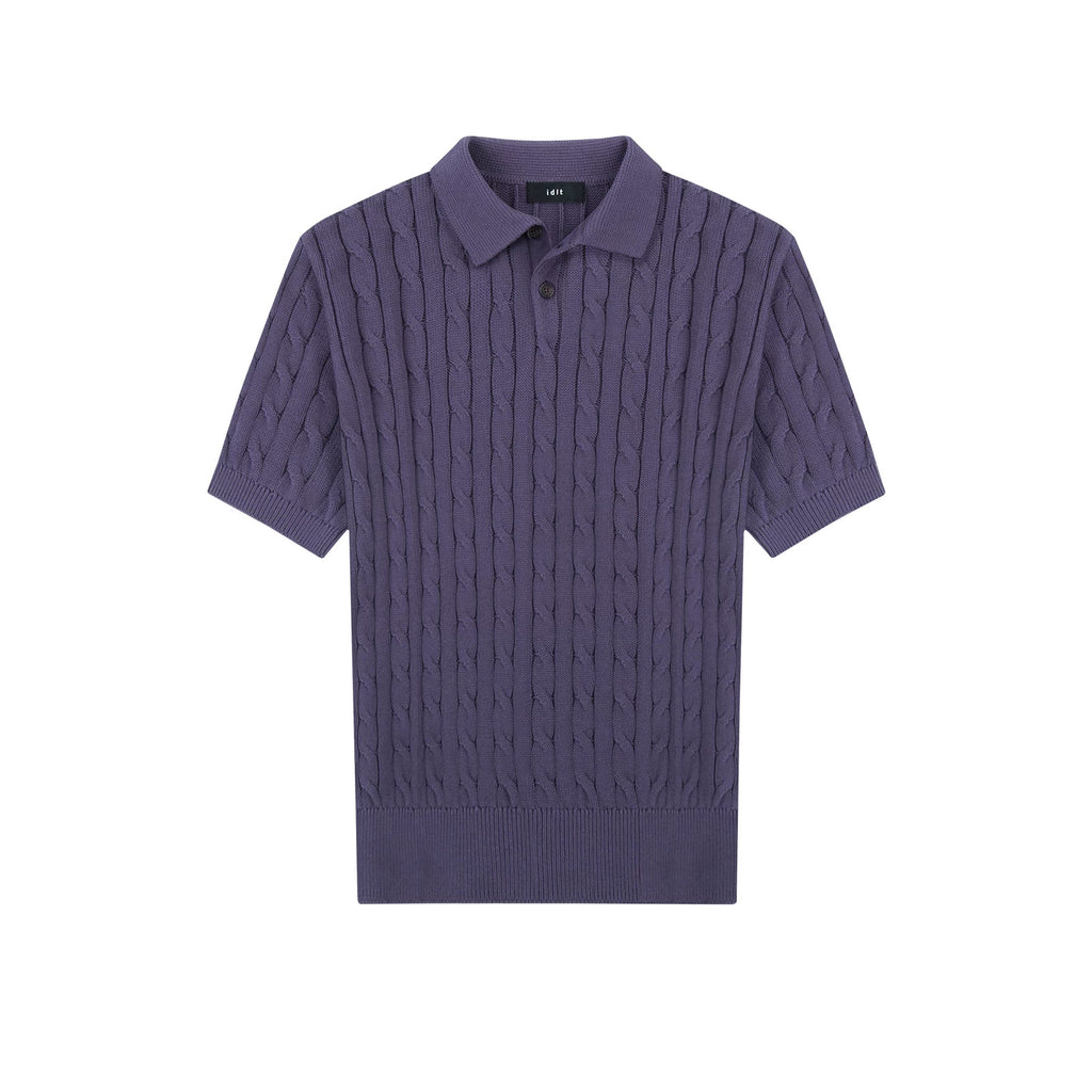 IDLT cable knit polo, purple front.