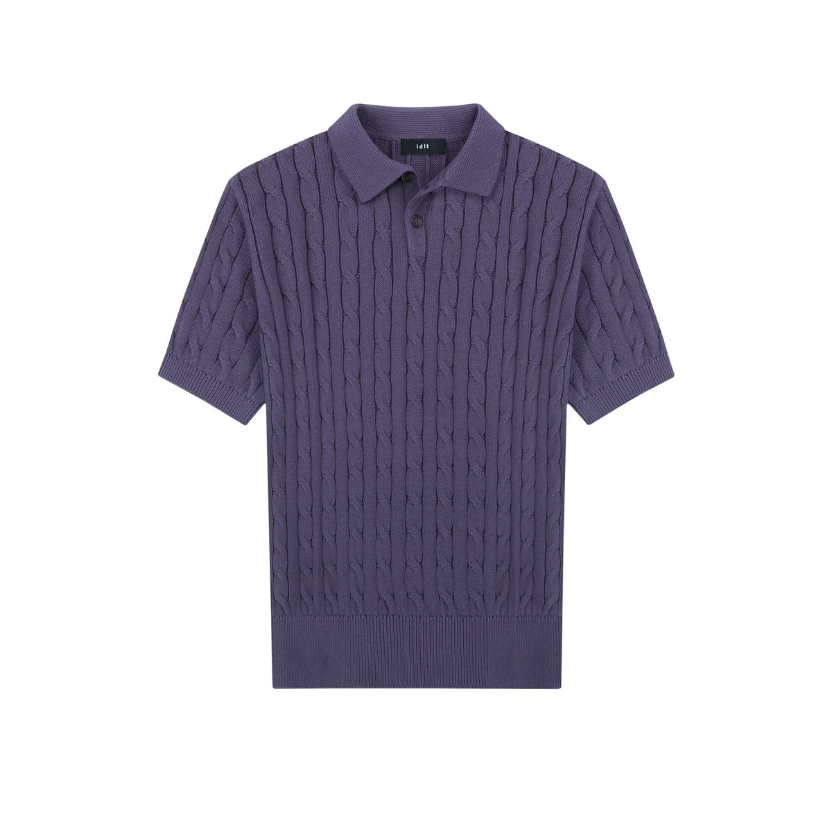 IDLT cable knit polo, purple front.