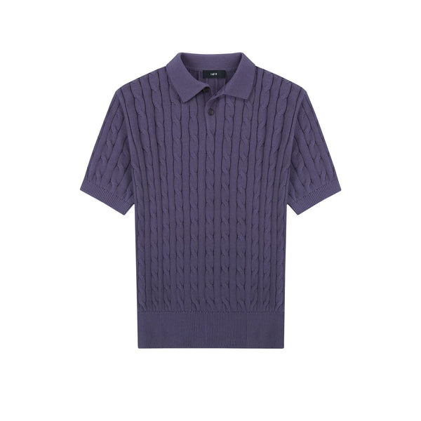 IDLT cable knit polo, purple front.