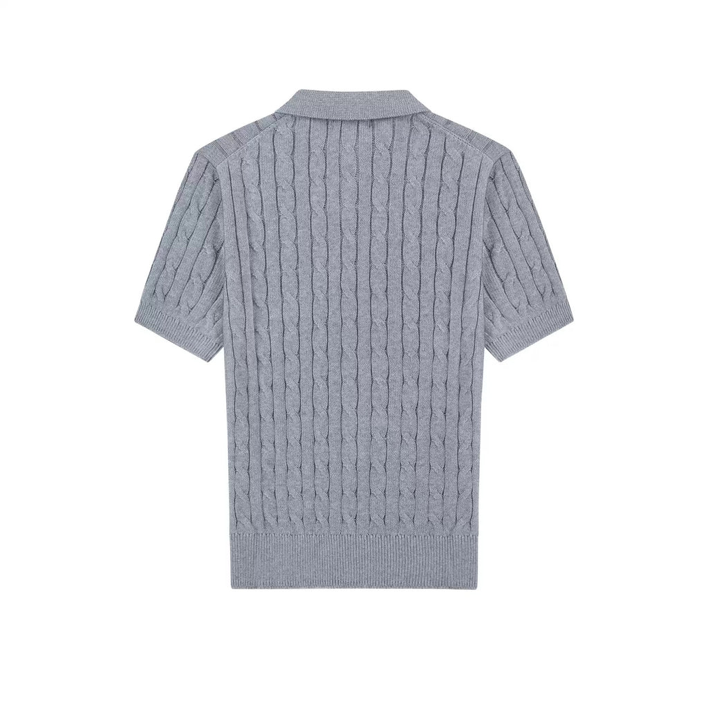IDLT cable knit polo, gray back.