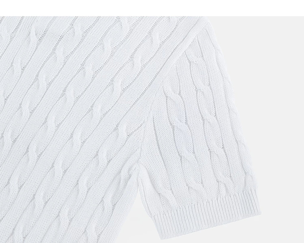 IDLT cable knit polo, white sleeve.