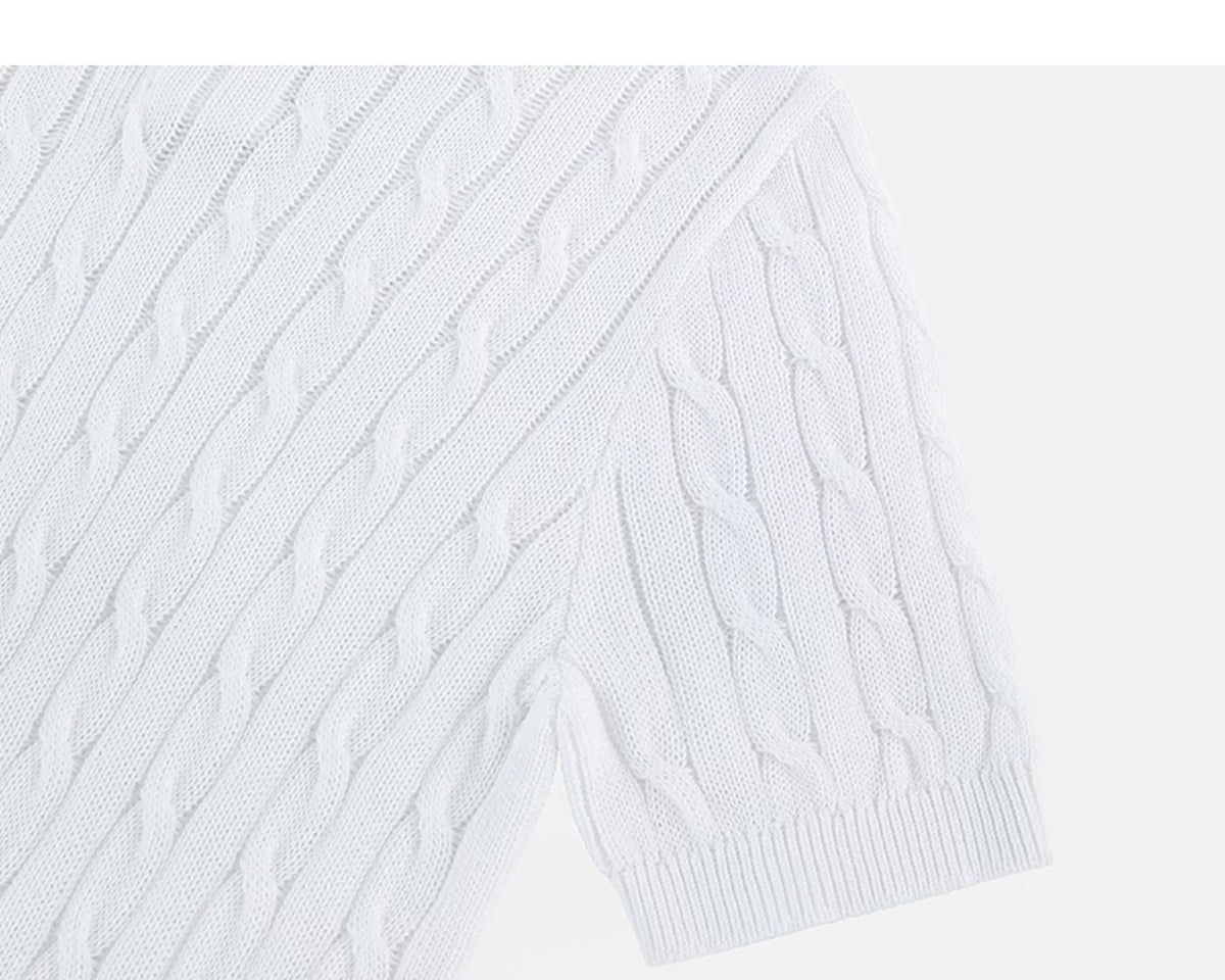 IDLT cable knit polo, white sleeve.