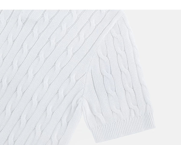 IDLT cable knit polo, white sleeve.