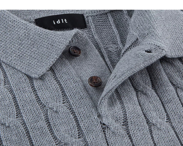 IDLT cable knit polo, gray open placket.