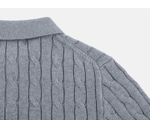 IDLT cable knit polo, gray back shoulder.