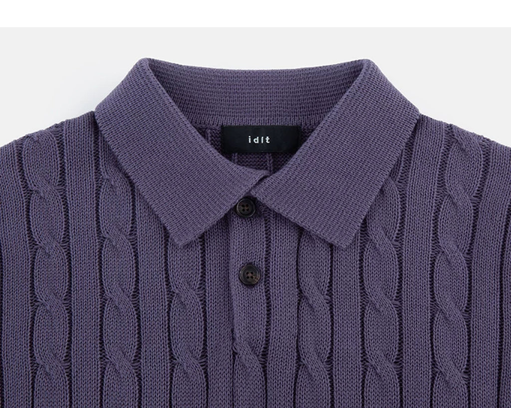 IDLT cable knit polo, purple collar.