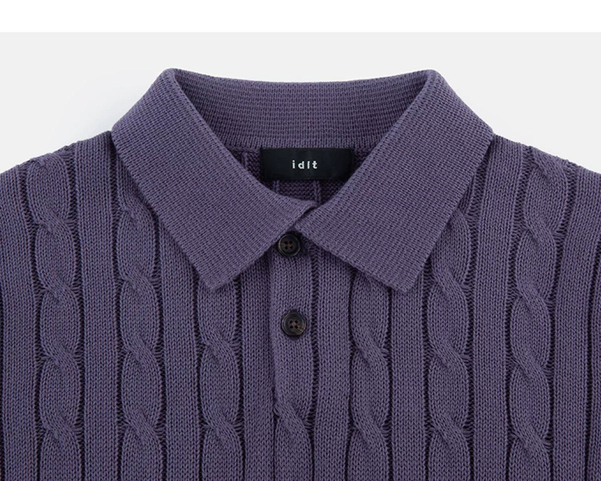 IDLT cable knit polo, purple collar.