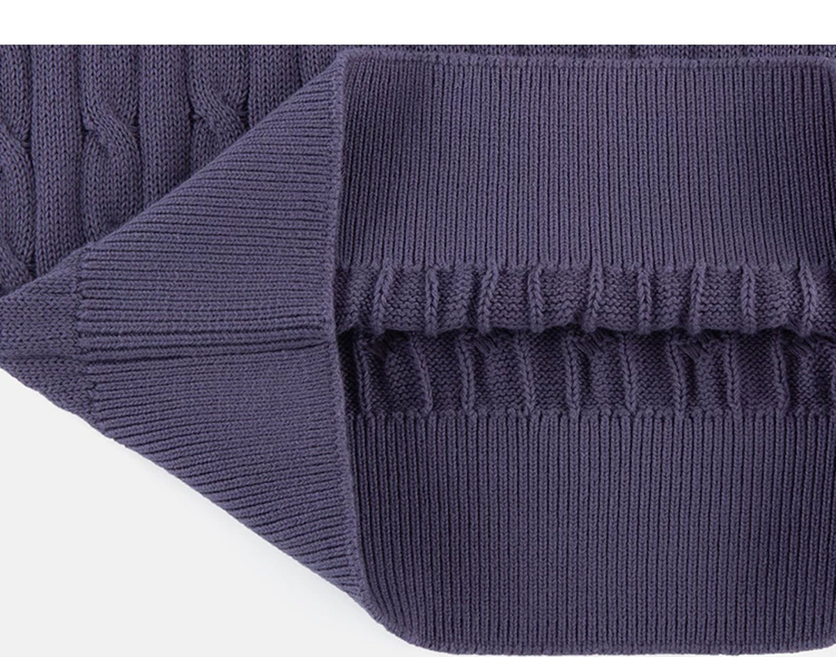 IDLT cable knit polo, purple folded hem.